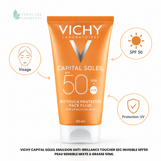 Vichy Capital Soleil Emulsion Anti-brillance Toucher Sec Invisible SPF 50 Peau Sensible Mixte a Grasse – 50 ml