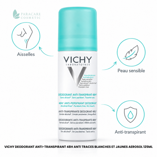 Vichy Déodorant Anti-transpirant 48h Anti Traces Blanches et Jaunes Aérosol – 125 ml