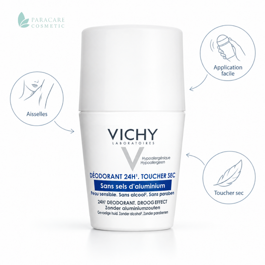 Vichy Déodorant Dermo-Tolérance Anti-humidite 24h Toucher Sec sans Sels d'Aluminium Roll-on – 50 ml