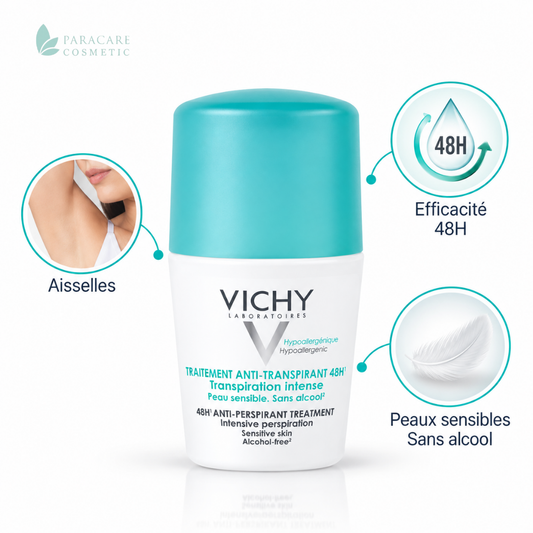 Vichy Déodorant Traitement Anti-transpirant 48h Roll-on Transpiration Intense Peau Sensible – 50 ml